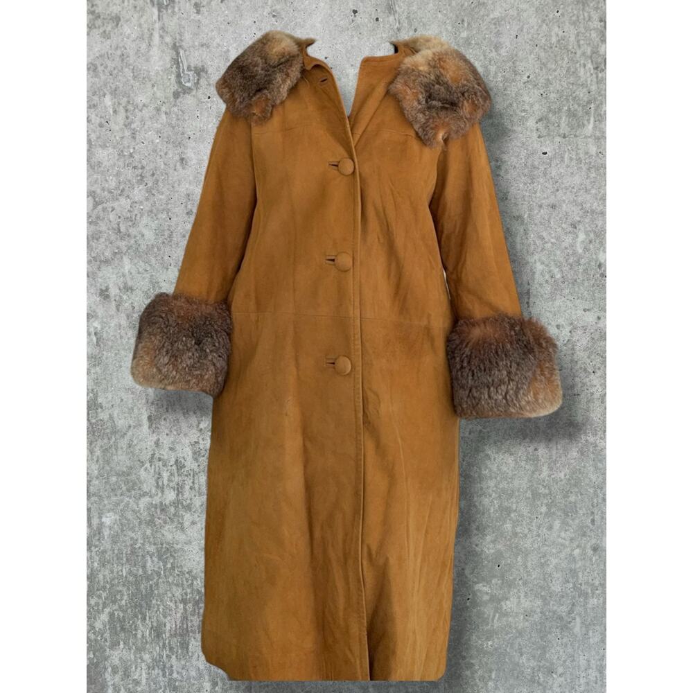 Vintage 70s Penny Lane Suede Coat Real Fur Trim Afghan Trench Boho Camel L
